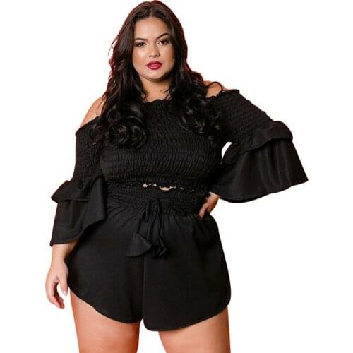 Butterfly Sleeve Slash Neck Top Shorts Set Pullover Pure Black Elastic Waist Pants Suit Trendy Fashion Outfit Wholesale
