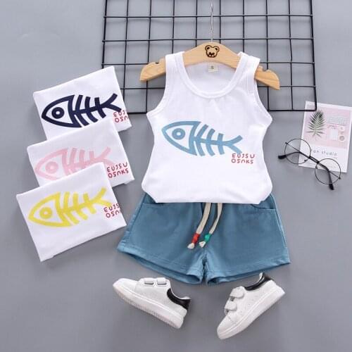 Summer 2 Piece Baby Boy Outfits Cotton Cartoon Fish Sleeveless Vest + Shorts Infant Clothing Kids Bebes Jogging Suits Tracksuits