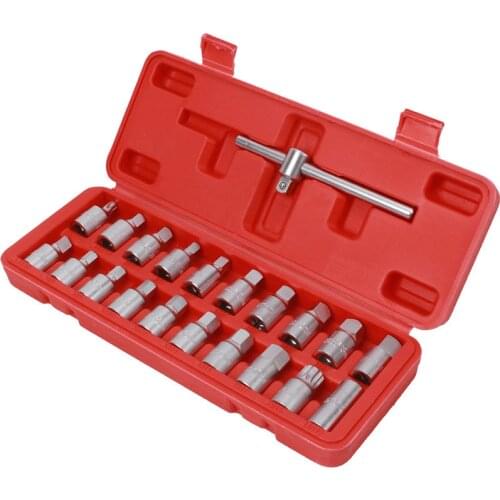 21PCS Oil Drain Pipe Plug Socket Set Oil Pan Screw Sleeve Wrench 3/8-Inch drive Sliding T-bar Removal Kit