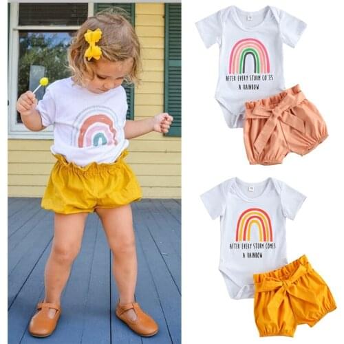 FOCUSNORM 2pcs Infant Baby Girls Boys Clothes Sets Letter Rainbow Printed Short Sleeve Romper Tops Shorts 0-24M