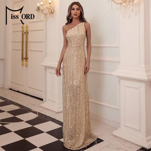 Missord 2021 Women Sexy One Shoulder Sequin Party Dress Backless Floor Length Maxi Dress Gold Party Women Dress Vestidos M0859