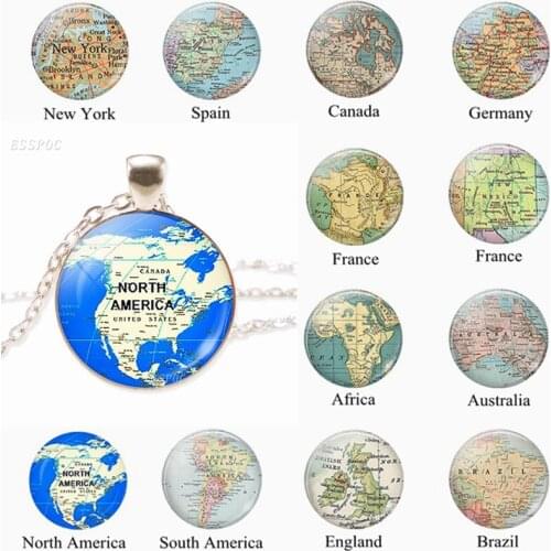 Fashion World Map Metal Necklace North American Africa France Spain England Pendant Map Jewelry Men Bead Charm Gift