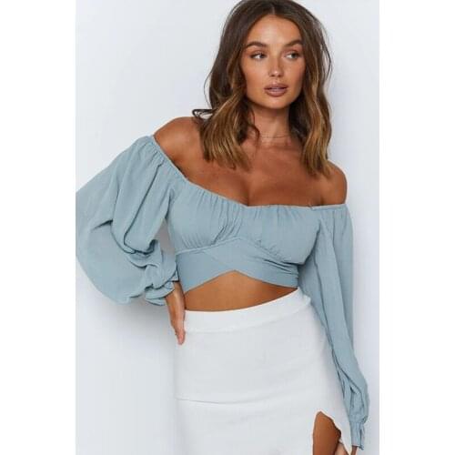 New Chiffon Lantern Long Sleeve Women Blouse Sexy Off The Shoulder Backless Female Crop Top 2021 Summer Chic Lace Up Solid Tops