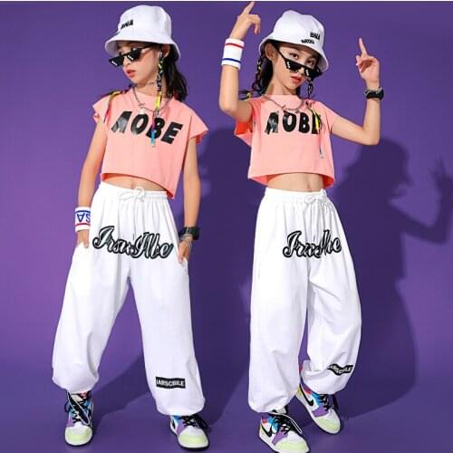 Girls Jazz Dance Practice Clothes Hip Hop Outfits Pink Vest White Casual Pants Kids Modern Ballroom Performance Costume BL6497