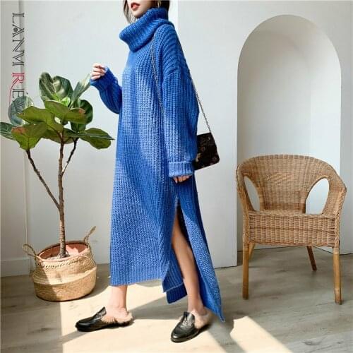 LANMREM autumn Winter thickened Turtleneck long overknee sweater dress womens oose thick knitted long clothes YJ873