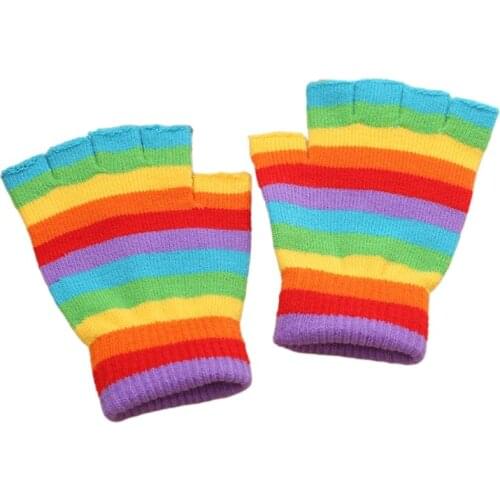 Kids Winter Knitted Full Half Finger Gloves Rainbow Colorful Striped Boys Girls Harajuku Outdoor Windproof Mittens 5-15T