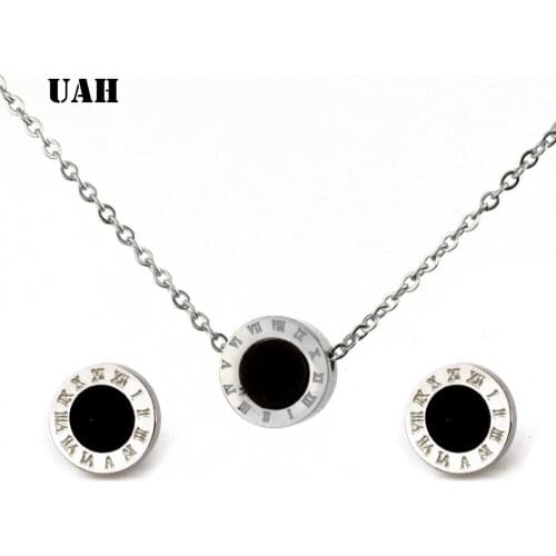 UAH Earrings With Black Enamel Stone Roman Number Valentines Day Gift Stainless Steel Jewelry Women Sets
