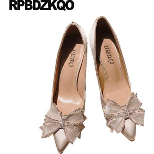 High Heels Silk Satin 2021 3 Inch Pointed Toe Thin Crystal Bridal Diamond Ladies Pumps Size 33 Bow Party Shoes Red Rhinestone