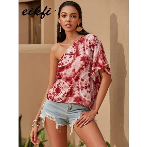 2020 Summer Women Print T-shirt Lady Skew Collar Tops One Shoulder Half Sleeve Shirt Casual Irregular Tshirt Female Loose Cloth