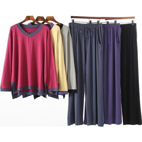 45-90kg Women Plus Size Home Suit Modal Soft Pajamas Two-piece Set Female Spring Long Sleeve Loose Homewear V-Neck Pyjama Femme