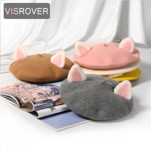 VISROVER 2020 31 Colorways New Winter Cat Ears Beret Solid Color Winter 100% Real Wool Lovely Cat Ears Hat Woman Autumn Hat