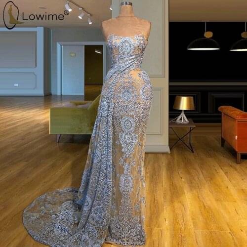 Light Blue Dubai See Through Mermaid Lace Evening Dresses Robe De Soiree Prom Party Gowns Vestido De Festa