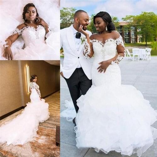 African Sheer Long Sleeves Lace Mermaid Wedding Dresses 2022 Scoop Neck Tulle Applique Sweep Train Wedding Bridal Gowns robes