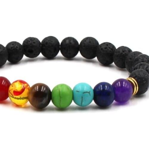 8MM 7 colored gems Volcanic stone Mala Bracelet 7.5 inches Unisex Handmade Bless Spirituality Stretchy Reiki Tibet Silver