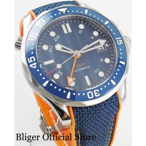 BLIGER Fashional Wristwatch New Arrival Sapphire Crystal Blue Dila Auto Date GMT Hand Rotating Bezel 41mm Automatic Mens Watch