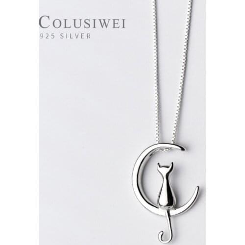 Colusiwei New Design Fashion Cat Moon Pendant Necklaces for Women 925 Sterling Silver Meniscus Chain Necklace Gifts for Girl