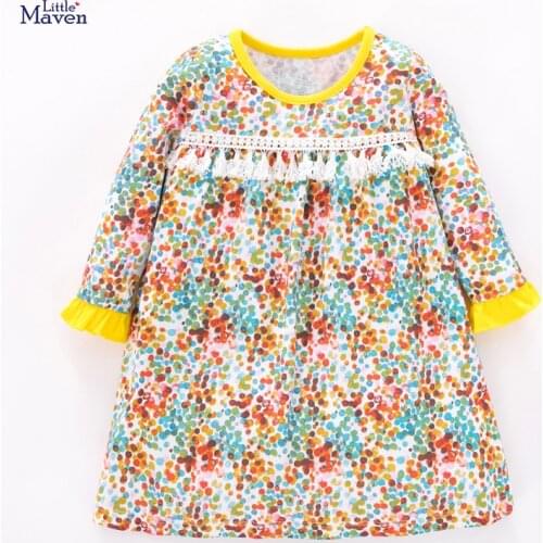 Little Maven New Spring Autumn Kids Oil Painting Dot Tassel Printed O-neck Girls 2-7yrs Full-sleeved Cotton Knitted Dresses