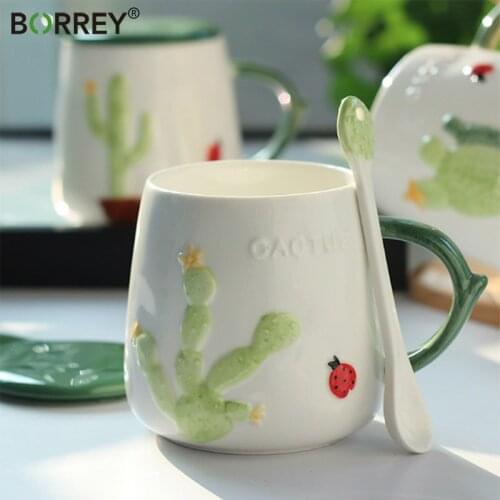 BORREY Creative Ceramic Coffee Mug White Porcelain Tea Cup With Lid Spoon Office Unique Hand Painted Cactus Mug Gift Mug And Cup