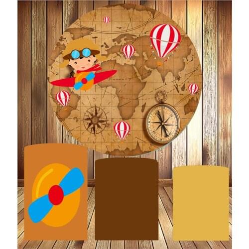Round circle panel backdrop World travel theme hot air balloon birthday party decor dessert table fabric 3 cylinder plinth cover