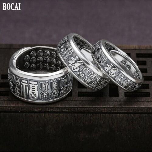 BOCAI New Real S999 Pure Silver Jewelry Retro Hundred Blessing 2021 Trend Ethnic Style Man and Woman Couple Rings