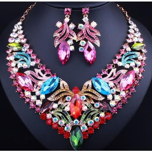 Sakura Love Painting Rhinestone Leaf Necklace Earrings Fashion Jewelry African Jewelry Set Bridal Wedding Party Crystal