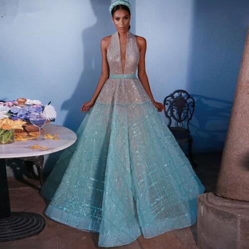 New Design Sky Blue Organza Prom Dresses 2020 Deep V Neck Halter Sequins Lace Chic Evening Dress Saudi Arabic Formal Party Gown
