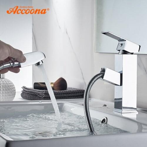 Accoona Single lever Bathroom Faucet Chrome Polished Solid Brass Pull out Basin Mixer Tap Water Mixer Taps Faucets A9290-3