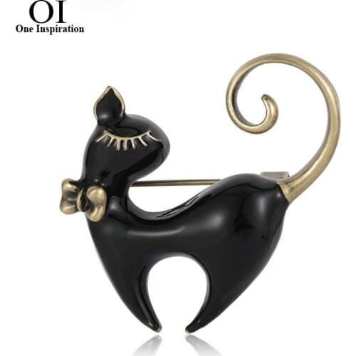 OI Retro Enamel Black White Cat Shape Brooches Gold Color Alloy Bownot Animal Brooch for Girls Lapel Pins Bag Accessories