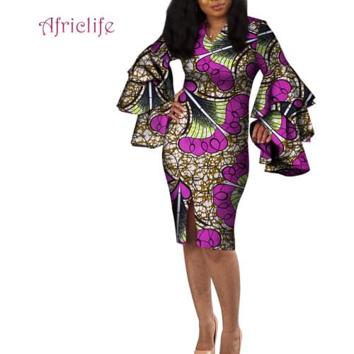 Lady Women Midi Dress African Dress for Women Africa Bazin Riche Print Elegant Flare Sleeve Bodycon Party Dresses WY4302