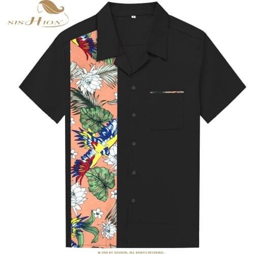 SISHION Short Sleeve Bowling Shirts 50s Rock ST110 Black Birds Palm Print Men Cotton Rockabilly Vintage Shirts
