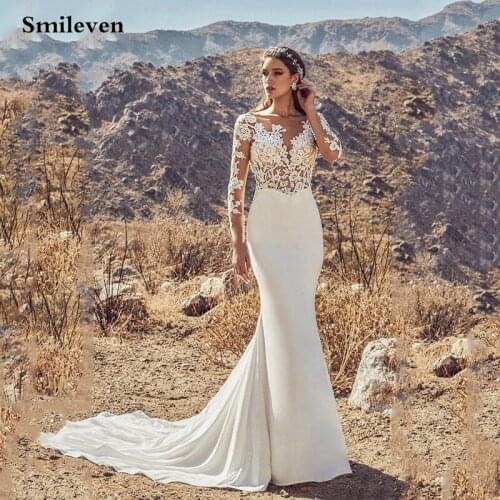 Smileven Mermaid Wedding Dresses Long Sleeve Boho Appliques Lace Bride Dress Backless Wedding Gowns 2020 Vestido De Noiva