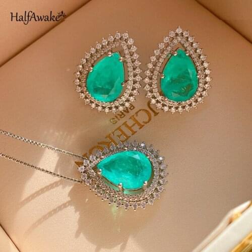 Light Blue Angel Tears Paraiba Jewelry Sets Crystal Dainty Necklace Chain With Stone Pendant Stub Earrings For Women Girl Gift