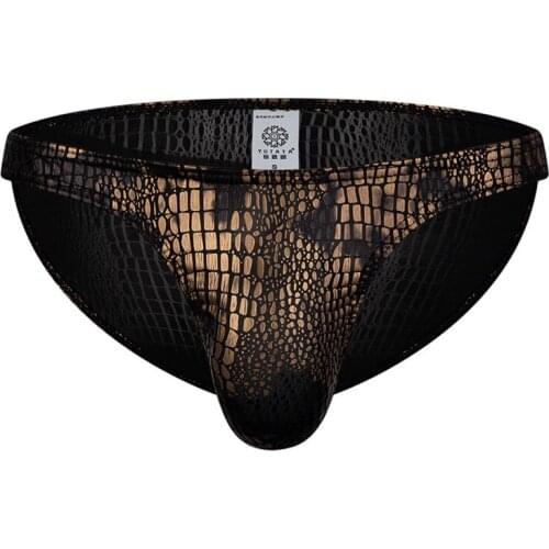 Mens Briefs Faux Leather Jockstrap Stretch Briefs Sissy Pouch Panties Underwear Black Low Waist New Male Underpants Brief