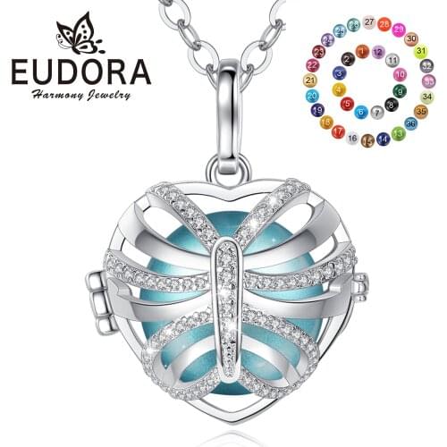 Eudora 18 MM Harmony Bola Cage Necklace Butterflies Clean CZ Heart Pendant Butterfly Ball DIY Jewelry For Women K425n18