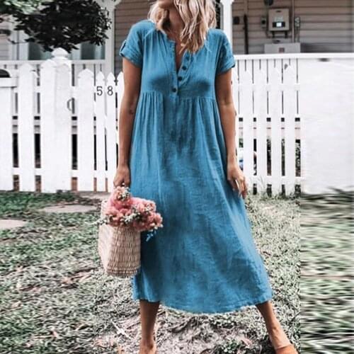 Women Short Sleeve O-Neck Button Long Dress Boho Summer Solid Casual Hight Waist Elegant Loose Robe Maxi Vestidos Plus Size 5XL