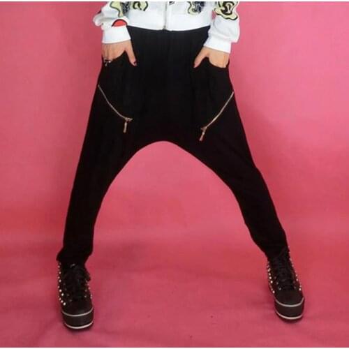 2016 Fashion Streetwear Hip Hop Black Loose Zipper Decorated Harem Pants Female Stage Performance Skinny Trousers