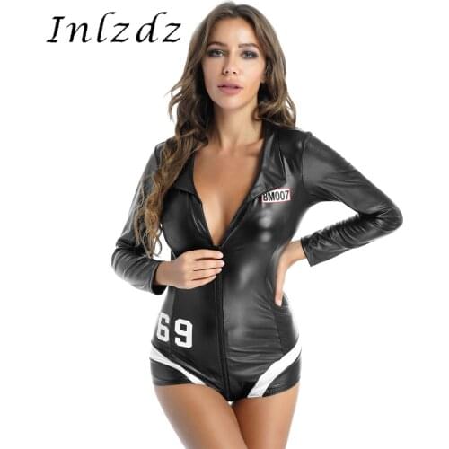 Womens Rave Costume Deep V Neck Zipper Faux Leather Bodysuit for Pole Dancing See-through Mesh Back Long Sleeve Leotard Catsuit