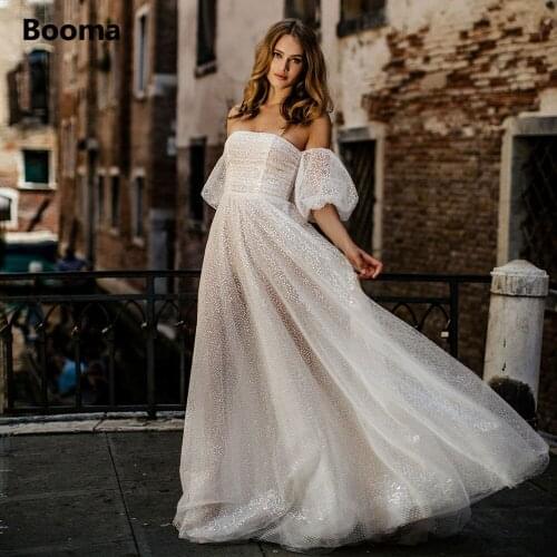 Booma Off Shoulder Sequin Tulle Beach Wedding Dresses Short Puff Sleeves Bow Back A-Line Bridal Gowns Princess Wedding Gowns