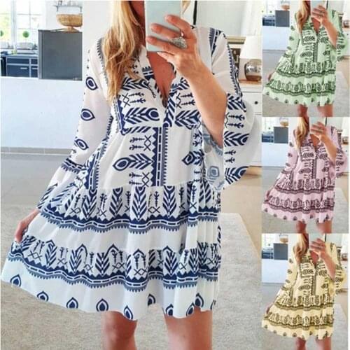 Sexy V Neck Geometric Printed Loose Mini Dress 2021 Summer Oversized Beachwear Vestidos Plus Size S-3XL WDC7458
