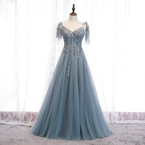 Bespoke Occasion Dresses V-Neck Sleeveless Embroidery Beading Spaghetti Strap Lace Tulle Blue Women Formal Evening Gown HB214