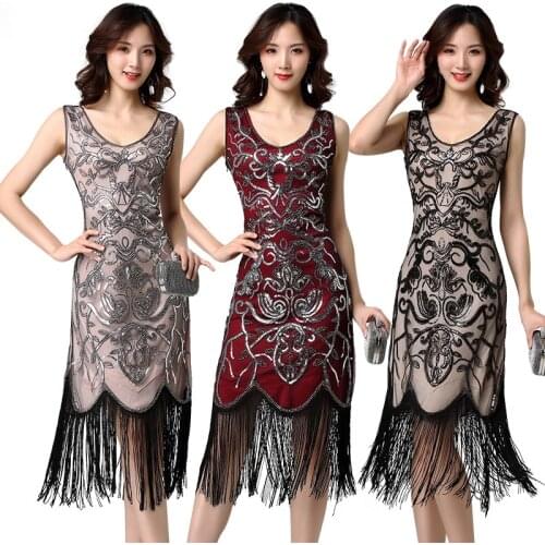 Women Vintage 1920s Deco Fringe Flapper Dress Sequins Dinner Party Formal Gowns Ballroom Dresses #5507