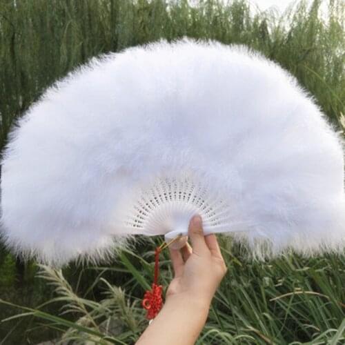10pcs Color Thicken Fluffy Folding Marabou Feather Hand Fan Girls Dance Performance white Fan Party Favors wedding decoration