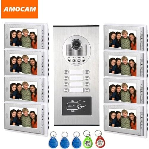 8 Units Video Intercom Apartment Door Phone System HD Camera 7" Monitor video Doorbell with 5-RFID Card Unlock for 8 Household