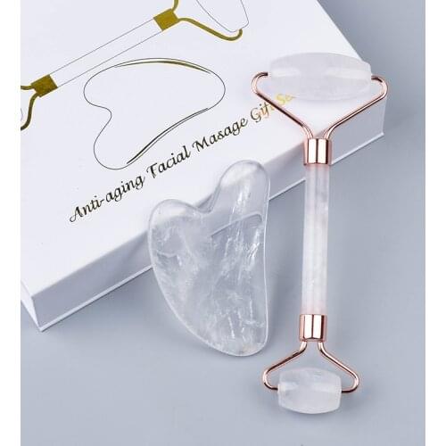 Noise Free 2 In 1 Natural Rock Quartz Crystal Facial Roller Gua Sha Massage Tool For Body Relaxtion Health Care Beauty Gift Set
