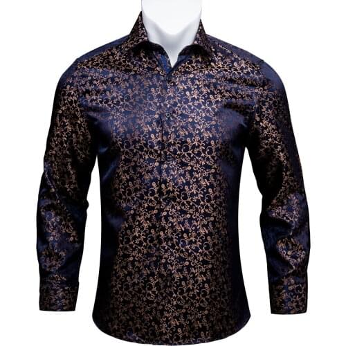 Barry.Wang Brand Floral Soft Silk Shirt Men Long Sleeve White Black Purple Spring Autumn Casual Dress Shirt Outwear Party Male