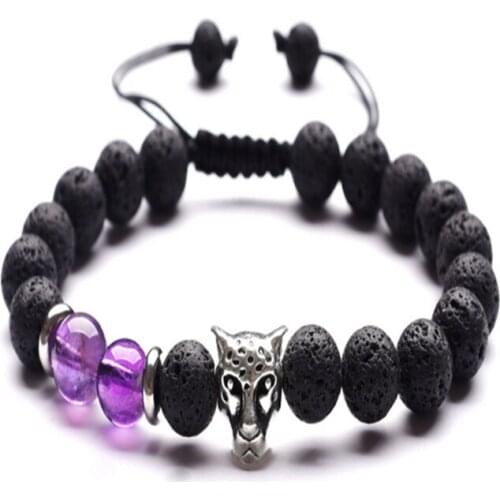 FYJS Unique Silver Plated Leopard Head Conect 8 mm Round Beads Black Lava Stone Weave Bracelet Amethysts Jewelry