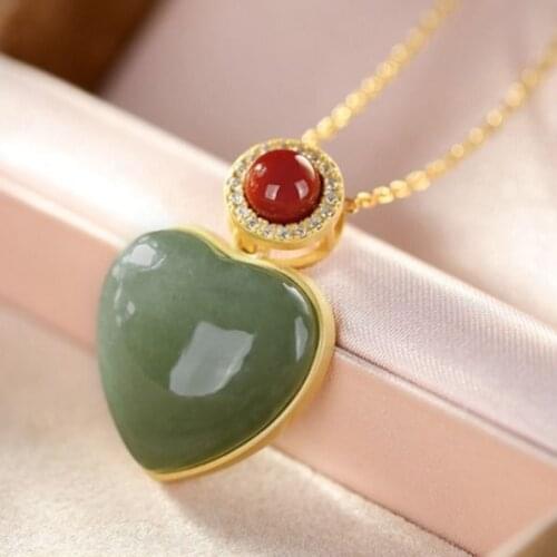 Natural Hetian green chalcedony Love Pendant Necklace Chinese style retro minority design charm womens brand jewelry