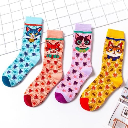 Cute Women Socks Cat Cartoon Print Soft Cotton Lovely Girls Anime Socks Christmas Gifts Funny Middle Socks Harajuku Japanese Hot