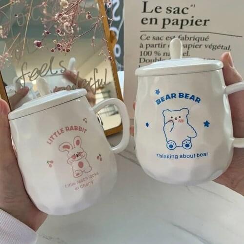 400ML Cute Rabbit Ceramic Cup With Spoon And Lid Coffee Mug Milk Cup Juice Bottle Office Couples Breakfast Cup Holiday Gift