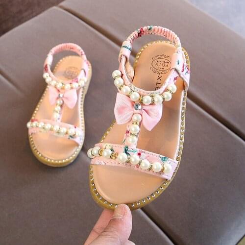 Summer Girls Sandals Fashion Bead Bow Flat Beach Sandals Baby Girl Shoes Kids Shoes Enfants School Sandal Size 21-30 SHS038